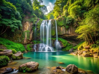 Fototapeta premium Waterfall Cascading Over Verdant Rock Formations And Lush Greenery Into A Tranquil Pool Below