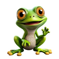 Fototapeta premium A 3D rendering of a cute cartoon frog sitting on a black background, waving with its right hand and smiling.