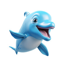 Obraz premium A 3D rendering of a happy blue dolphin leaping out of the water with its mouth open.