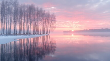 Obraz premium Silhouetted Birch Trees Against a Pink Sunset Over a Foggy Lake