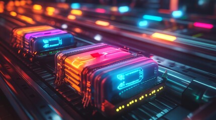 Luggage tags from multiple international destinations on a conveyor belt, surrounded by soft holographic lights, cyberpunk style, vibrant colors, deep shadows
