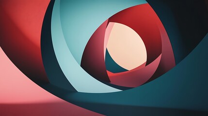 Abstract image with overlapping curves in shades of red, blue, and teal.