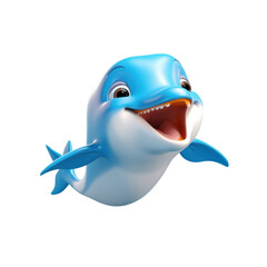 A cartoon blue dolphin with a big smile, white belly, and open mouth, swimming in a transparent water.