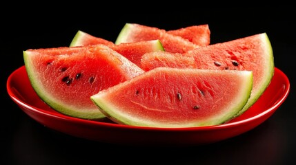 Watermelon slices, red plate.