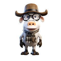 A cartoon cow wearing a cowboy hat, glasses, a scarf, and gloves, smiling.