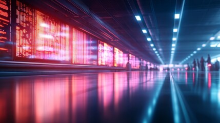 Fototapeta premium Modern airport terminal with sleek conveyor belts personalized by digital interfaces, passengers waiting for bags, vibrant LED displays reflecting flight info, Futuristic, Neon, Isometric