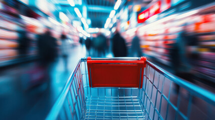 High-definition image of a shopping cart in a busy supermarket, with a perfectly clear view