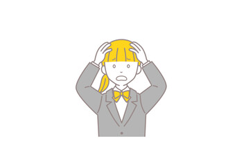 頭を抱えるブレザーを着た女子学生のイラスト
