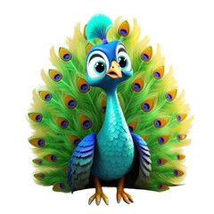 A cartoon peacock with vibrant green, blue, and yellow feathers, standing with its tail feathers spread wide.