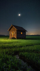 A beaytifull wooden hut in the crops in moont night and window warm lights reflaction out side the hut, 
