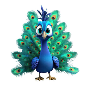 recommend clip art: A cartoon peacock with blue and green feathers, standing on a black background.