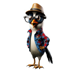 A cartoon penguin with a fedora, glasses, and a plaid shirt stands with a confident expression.
