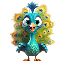 Naklejka premium A cartoon peacock with large eyes and a bright blue and green body. Its tail feathers are spread out behind it.