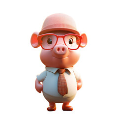 Fototapeta premium A cartoon pig wearing a white shirt, tie, glasses, and a red cap.