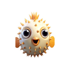 Fototapeta premium A cartoon pufferfish with large eyes and a big smile. It is white with orange spines and fins.