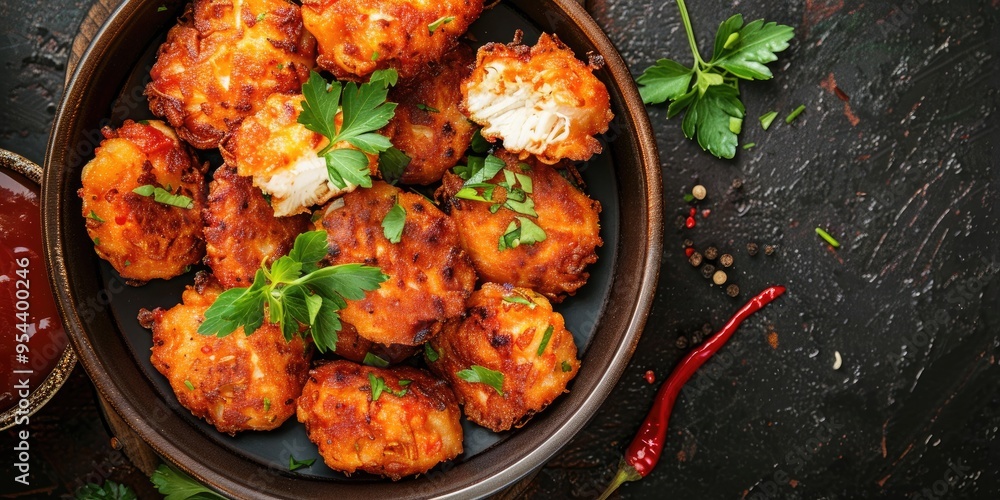 Poster Cheesy Chicken Fritters with Tomato Sauce on Plate Top View American Cuisine