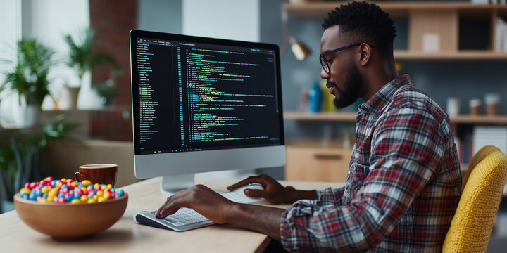 High angle view at software developer writing code while using computer at his desk 