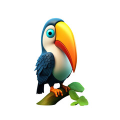 Obraz premium A cartoon toucan with a large beak, blue and white feathers, and big blue eyes sitting on a branch with green leaves.