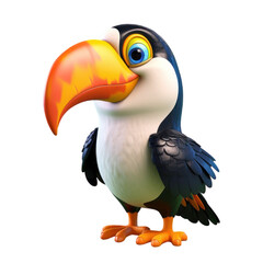 A cartoon toucan with a large orange and yellow beak, blue eyes, and black and white feathers, standing on a transparent background.