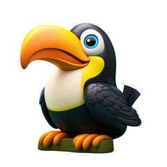 Naklejka premium A cartoon toucan with a large orange beak and blue eyes, standing on a green branch.