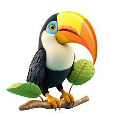 Fototapeta premium A cartoon toucan with a large orange beak perched on a branch with green leaves.