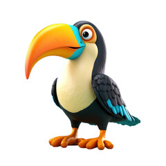 Naklejka premium A cartoon toucan with a large orange beak, black and white feathers, and blue feathers on its wings.