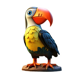 A cartoon toucan with a large orange beak, yellow body, and blue eyes stands on a rock.