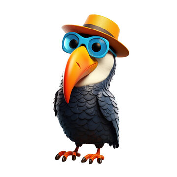 recommend clip art: A cartoon toucan wearing a yellow hat and blue sunglasses.