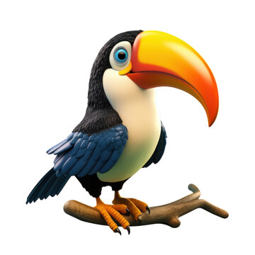 recommend clip art: A cartoon toucan with a large beak perches on a branch with a friendly expression.