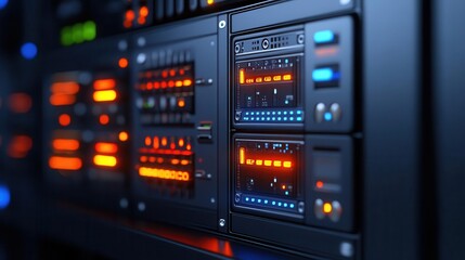 High-tech server rack with glowing panels displaying data, representing modern technology and information storage.