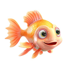 A cheerful, cartoon-style goldfish with large eyes and a wide smile, swimming towards the viewer.