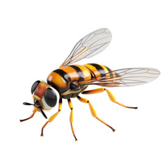 A close-up of a bee with its wings spread, isolated on a black background.