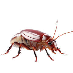 A close-up view of a red cockroach on a black background.