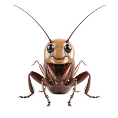 A close-up portrait of a brown cricket with large black eyes and long antennae.  It is looking directly at the camera with a slight smile.  The background is black.