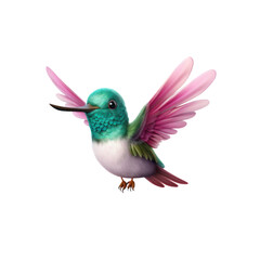 Obraz premium A colorful hummingbird with pink and green feathers is in flight, with its wings spread wide.
