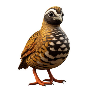 recommend clip art: A close-up portrait of a brown and white patterned quail, perched with its head tilted and looking at the camera.