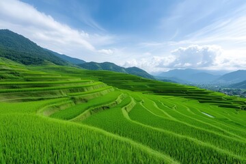 Fototapeta premium Lush green rice terraces under a bright blue sky, showcasing natural beauty and traditional agriculture.