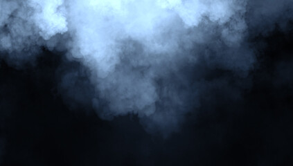 Abstract blue misty fog on isolated black background. Smoke stage studio. Texture overlays. The concept of aromatherapy.