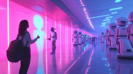 Passengers interacting with a holographic baggage claim assistant, neon lights reflecting on polished floors, robots in the background, vibrant colors, sci-fi illustration, ultra-modern