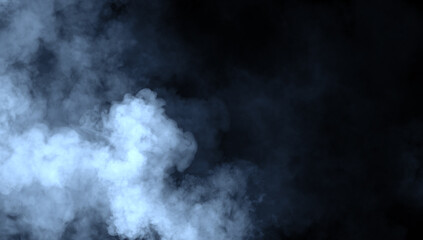 Abstract blue misty fog on isolated black background. Smoke stage studio. Texture overlays. The concept of aromatherapy.