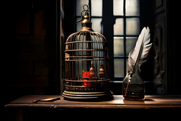 A birdcage with its door open, and inside, a quill and ink bottle, symbolizing the importance of freeing the press from persecution and control.