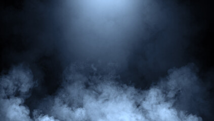 Abstract blue misty fog on isolated black background. Smoke stage studio. Texture overlays. The concept of aromatherapy. © Victor