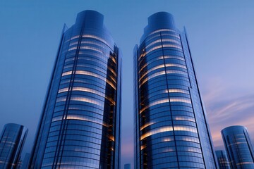 Obraz premium Modern skyscrapers illuminated at dusk, showcasing sleek glass architecture against a twilight sky.