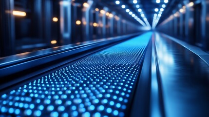 Fototapeta premium Smooth steel conveyor belt texture, reflecting soft blue neon lights, futuristic design elements, high detail, hyper-realistic rendering, 3D