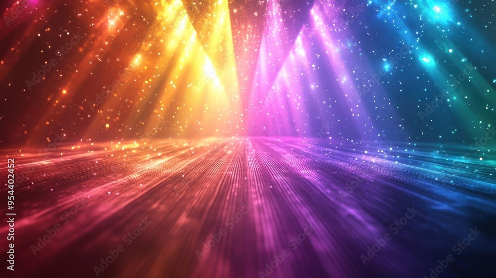Poster abstract colorful light beams and sparkling particles on a dark background.