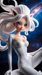 A full-color anime models of a captivating, elegant with 3D elements. Featuring flowing light colourful hair, bright eyes, and a chic latex outfit against a space background. Vibrant and sophisticated