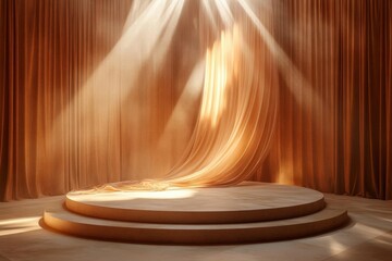 Elegant golden curtain backdrop with spotlight and podium for product display