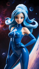 A full-color anime models of a captivating, elegant with 3D elements. Featuring flowing light colourful hair, bright eyes, and a chic latex outfit against a space background. Vibrant and sophisticated