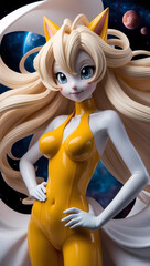 A full-color anime models of a captivating, elegant with 3D elements. Featuring flowing light colourful hair, bright eyes, and a chic latex outfit against a space background. Vibrant and sophisticated