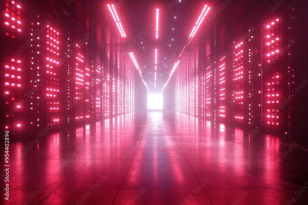 Poster red neon lights illuminate a server room, creating a futuristic and mysterious atmosphere.